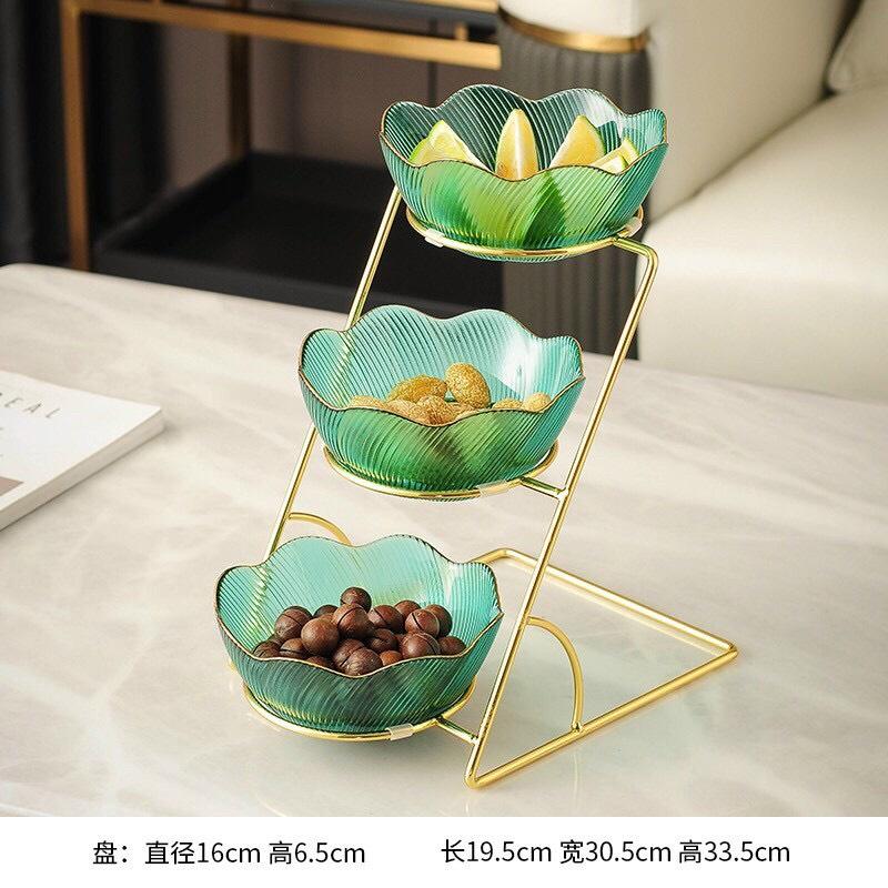 KHAY ĐỰNG BÁNH KẸO THỦY TINH 3 TẦNG KHUNG KIAM LỌAI MẠ VÀNG SANG TRỌNG
