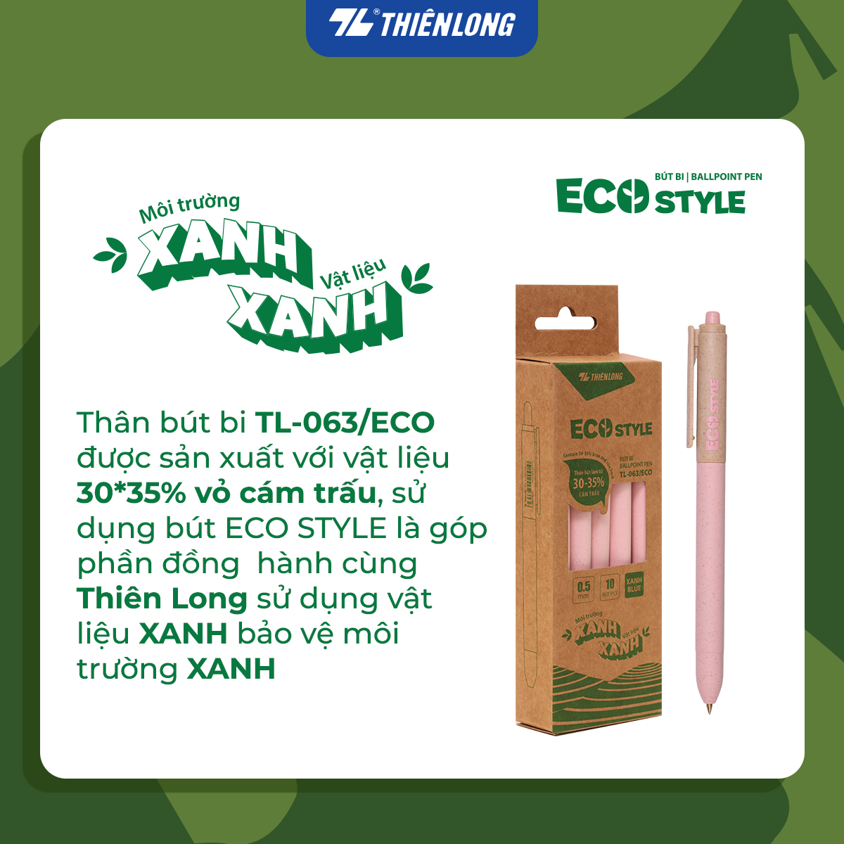 Combo 5/10/20 Bút bi Thiên Long ECO Style TL-063/ECO - Mực Xanh - Chất liệu từ vỏ cám trấu