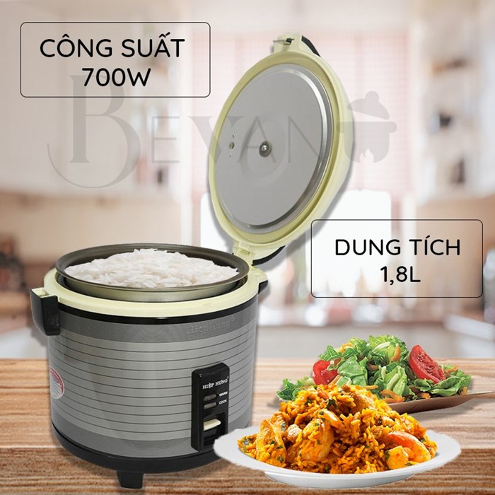 Nồi cơm điện Hiệp Hưng HH457 giữ ấm 12 giờ Bevano, Nồi cơm cơ 1,8L không dính đa năng tiết kiệm năng lượng, thích hợp cho 4-6 người