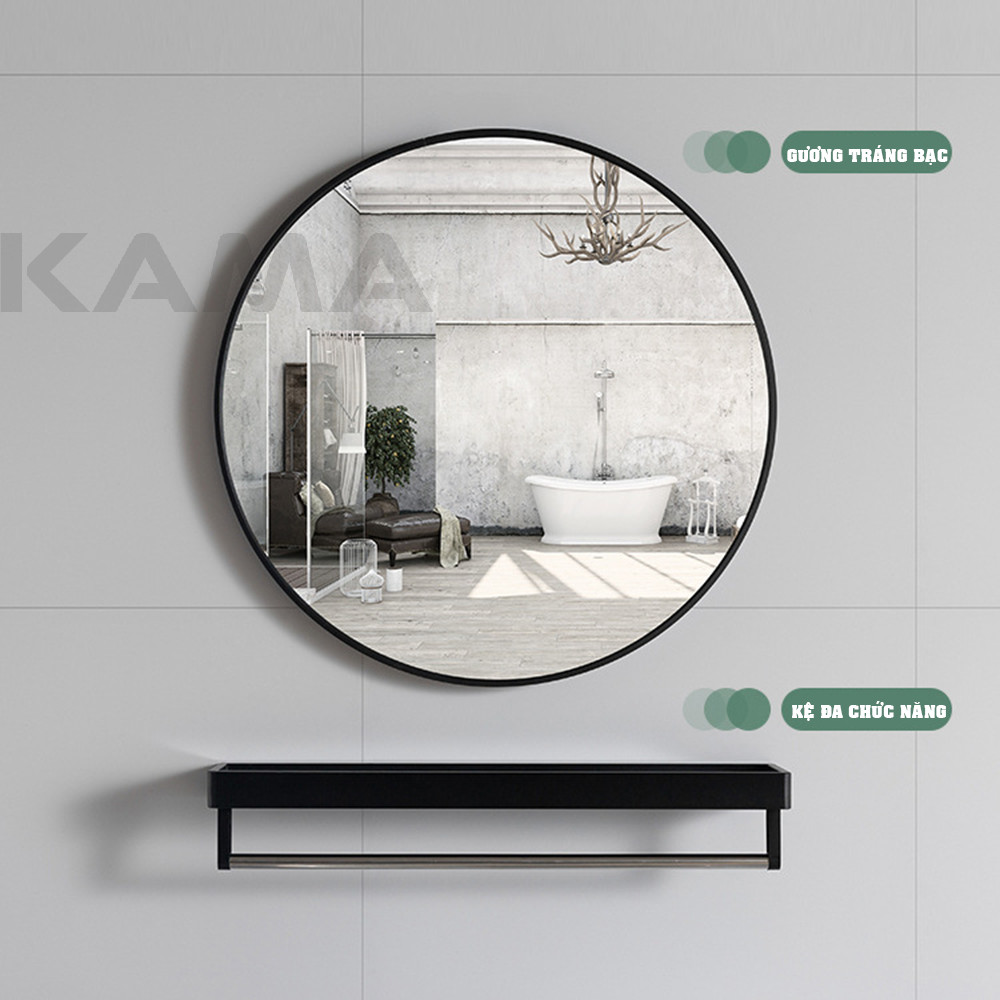 Bộ gương Soi Mặt Phòng Tắm Và Kệ Kính Phong Cách Bắc Âu Chính Hãng KAMA, Đường Kính D=50cm, Phong Cách Scandinavian Tối Giản.