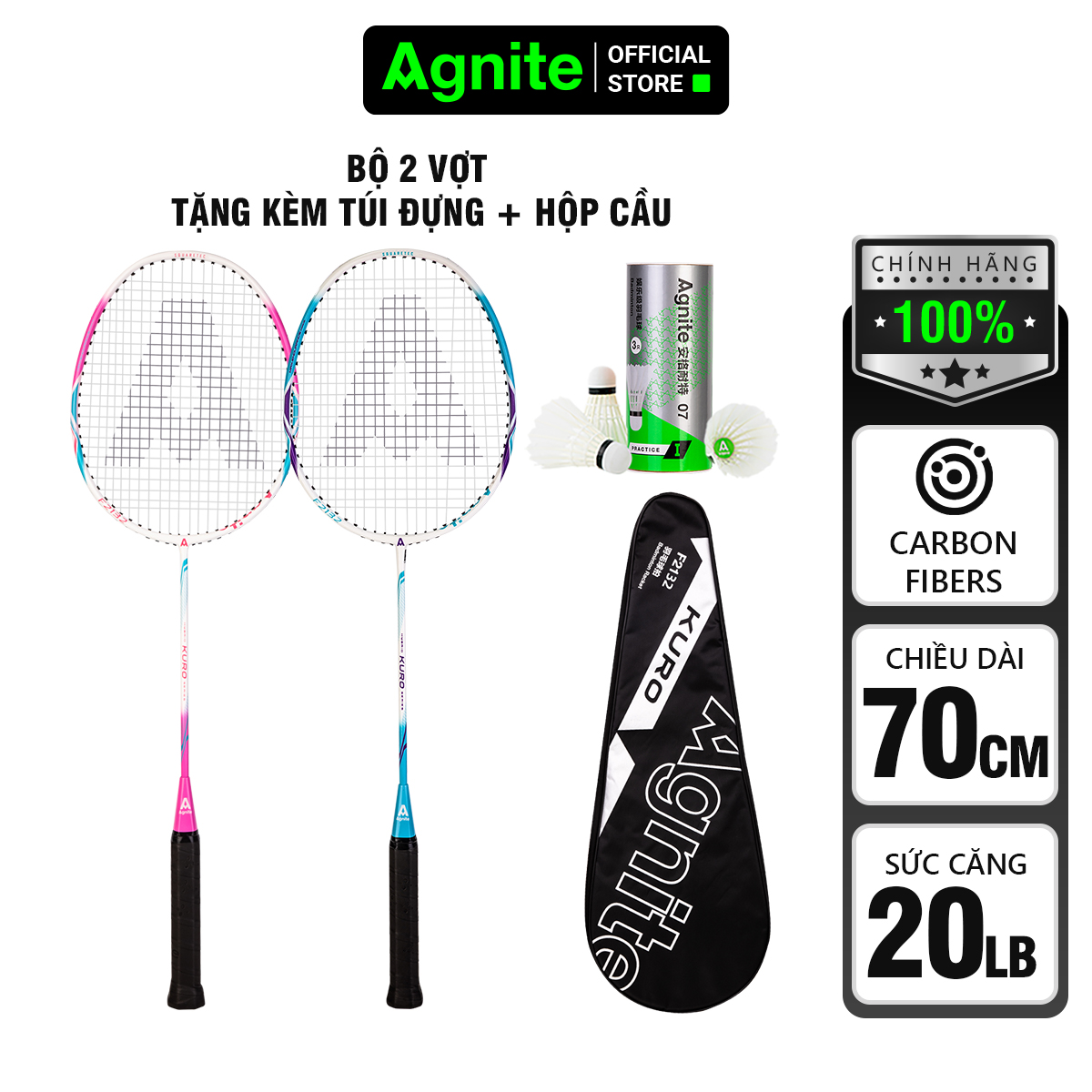Cặp vợt cầu lông cán liền nhôm carbon siêu nhẹ chính hãng Agnite - Tặng hộp cầu nhựa và bao đựng - F2132
