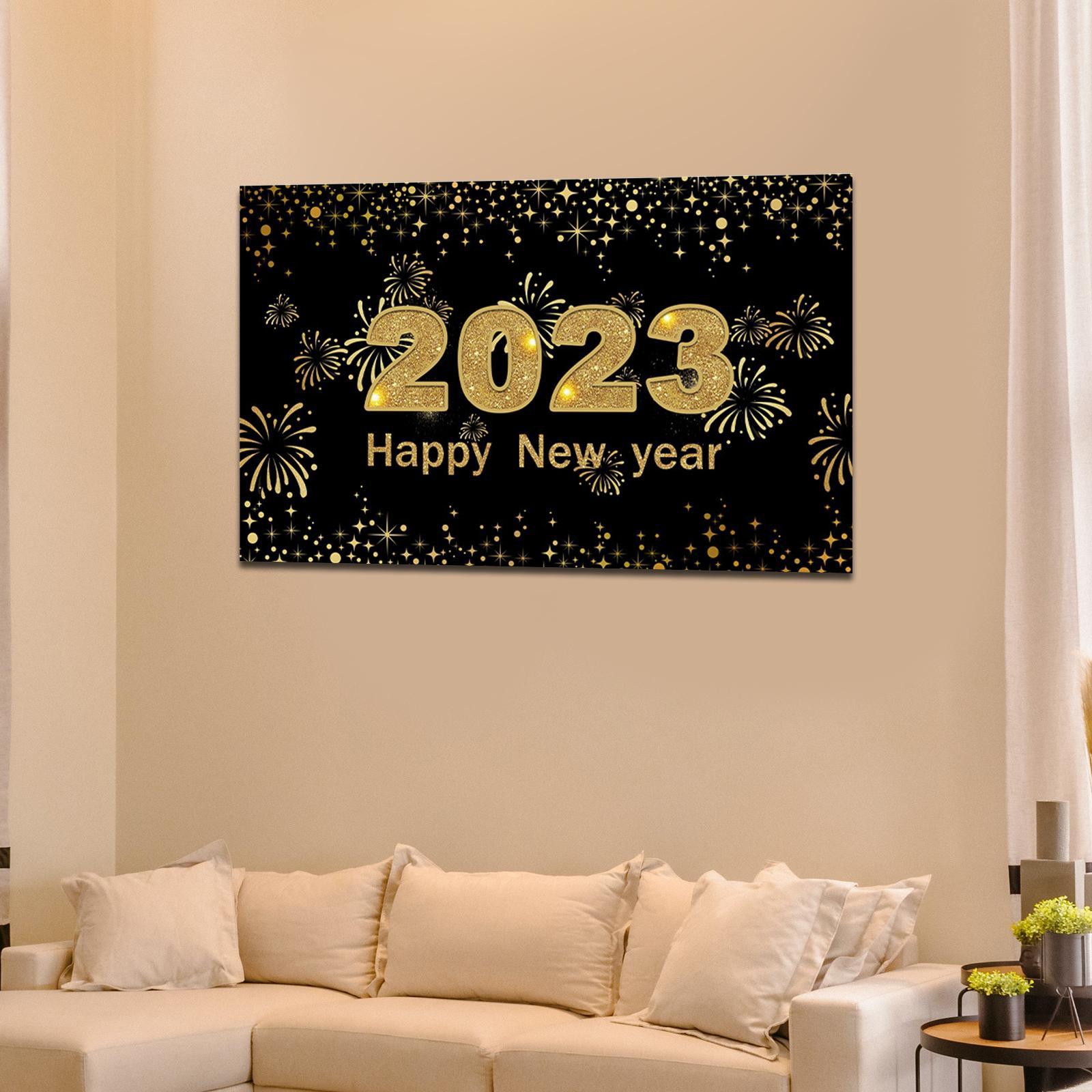 Happy New Year  2023 Backdrop Black Aureate Decorative Photography Lawn  Poster for Christmas Living Room Kitchen Yard Garden