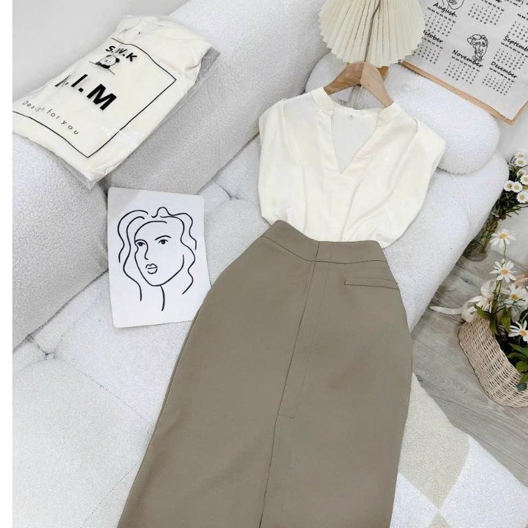 Set bộ nữ, Áo cổ V kèm chân váy kaki chuẩn hàng thiết kế Trendy Clothing
