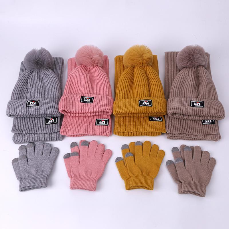 3 Mảnh Bò Mũ Khăn Găng Tay Bộ Bé Gái Trẻ Em Giả PomPon Dệt Kim Skullies Nón Trẻ Em Mùa Đông Len Nam áo Croptop Mũ Lưỡi Trai