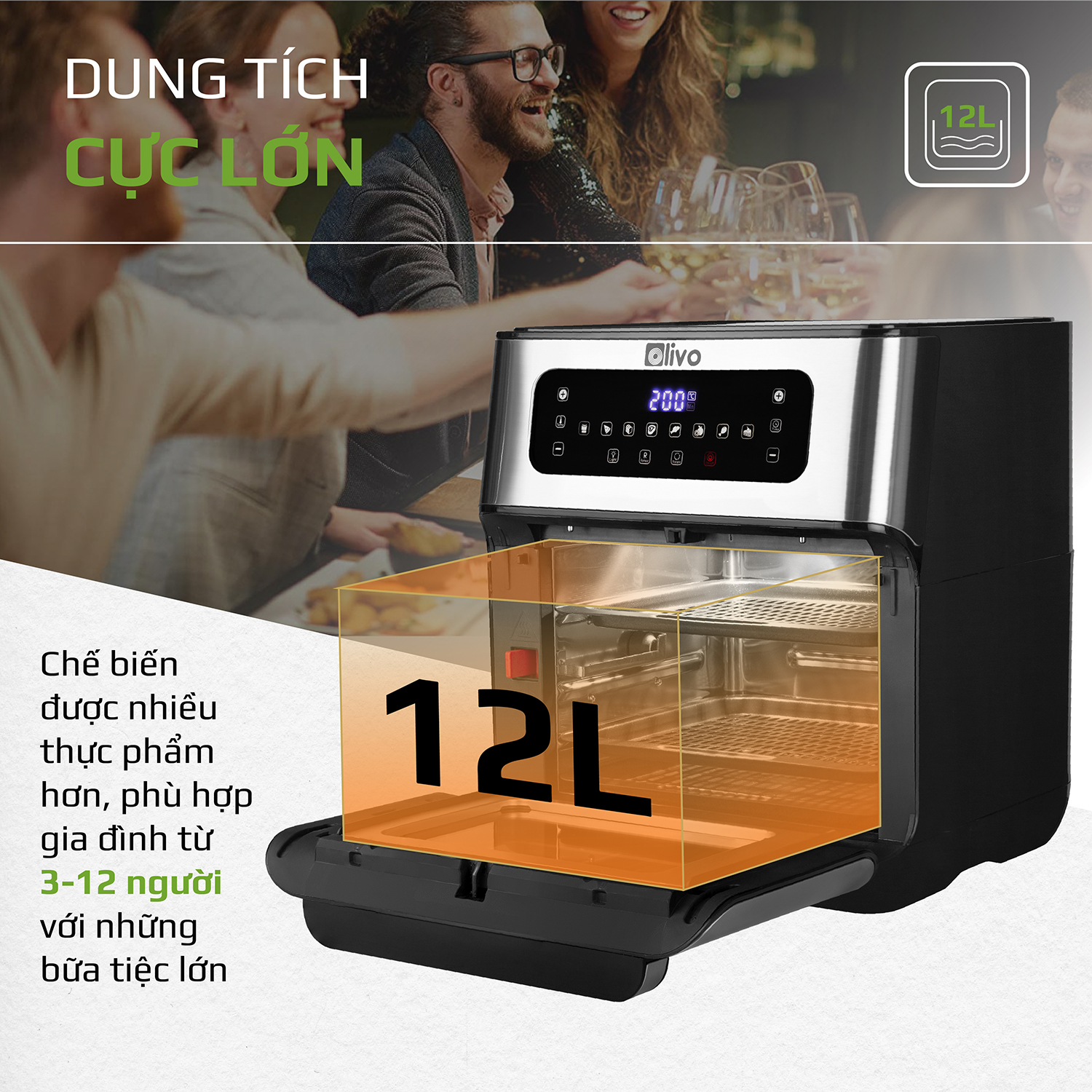 Nồi Chiên Không Dầu OLIVO AF 12 [Hàng Chính Hãng] Dung Tích 12L - Công Suất 1800W