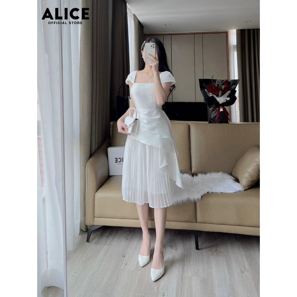 Váy Trắng Tiểu Thư Cổ Vuông ALICE Chất Vải Tafta Cao Cấp Phối Tơ Thiết Kế Tay Cánh Tiên Phối Dập Ly V790