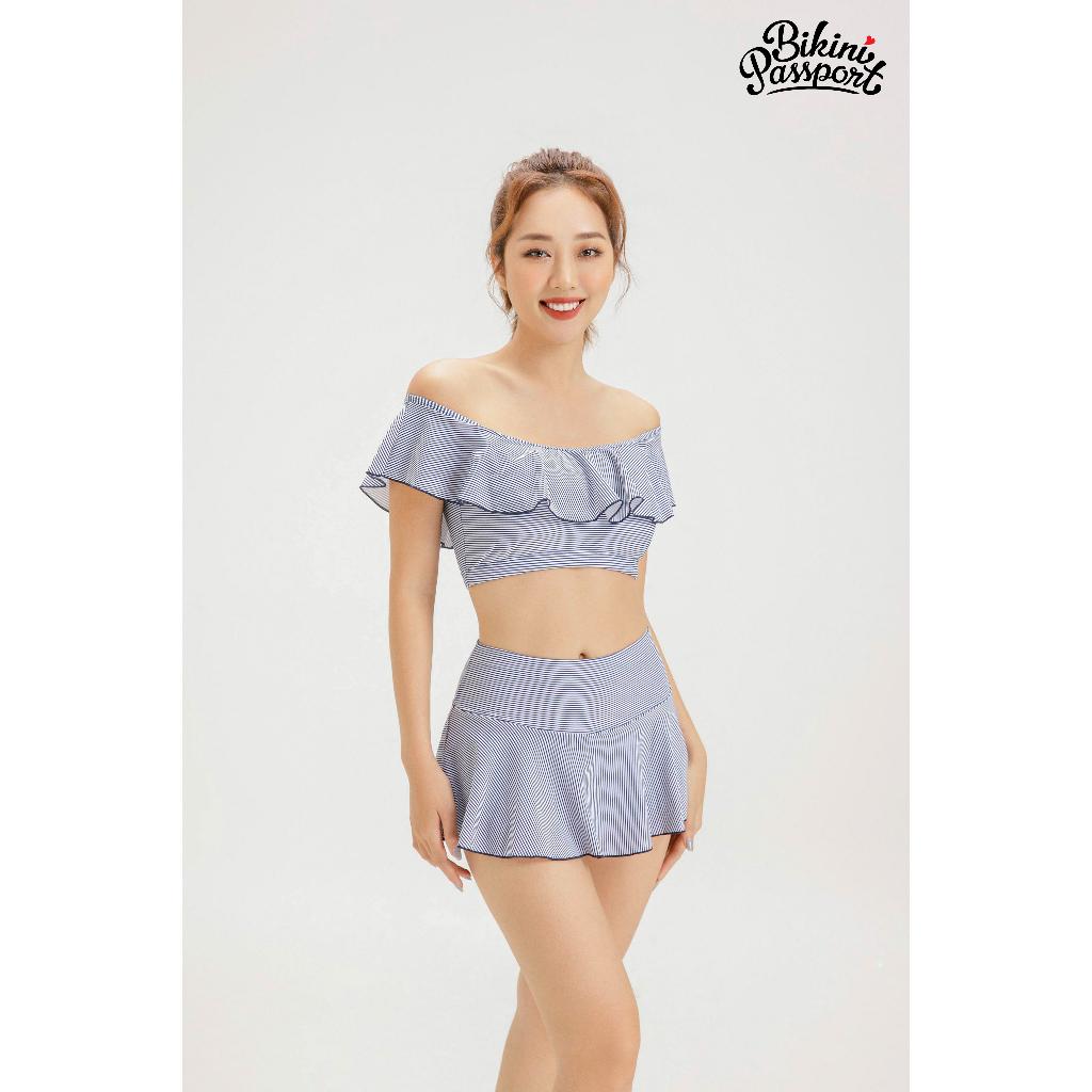 Đồ bơi Nữ BIKINI PASSPORT kiểu Hai mảnh váy, vai áo bèo - màu Kẻ xanh - BS299_KX