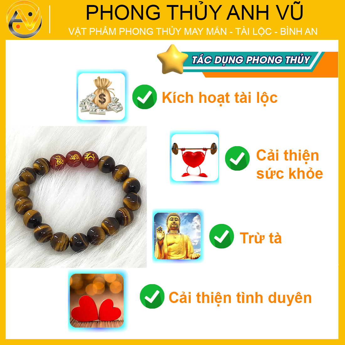Vòng tay tam hợp thân tý thìn đã khai quang - chất liệu mắt hổ vàng nâu - size 8 10 12ly - may mắn tài lộc - Vòng Tam Hợp Anh Vũ