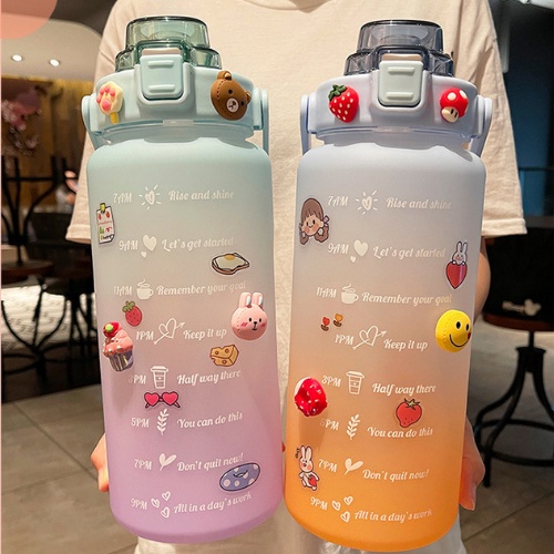 Bình nước 2 lít giữ nhiệt tặng kèm sticker cute bình đựng nước 1 lít có vòi tập thể thao chia vạch mini 2000ml, Chai đựng nước báo giờ cho người lười uống nước