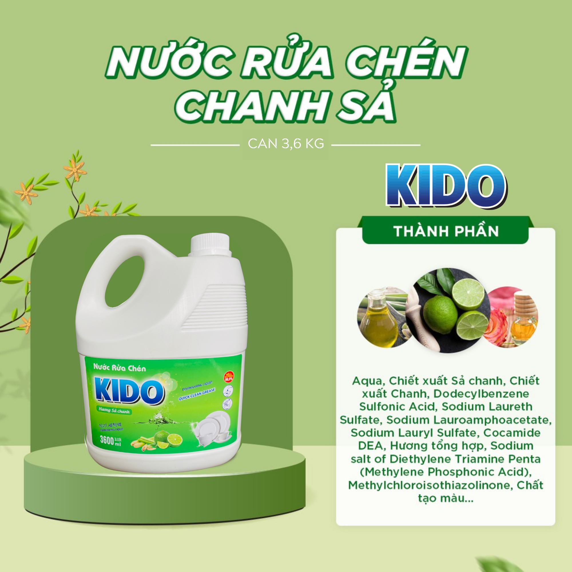 Nước Rửa Chén Kido Hương Chanh 3.6 Lít - Sạch Sẽ, Tươi Mát Cho Gia Đình Bạn