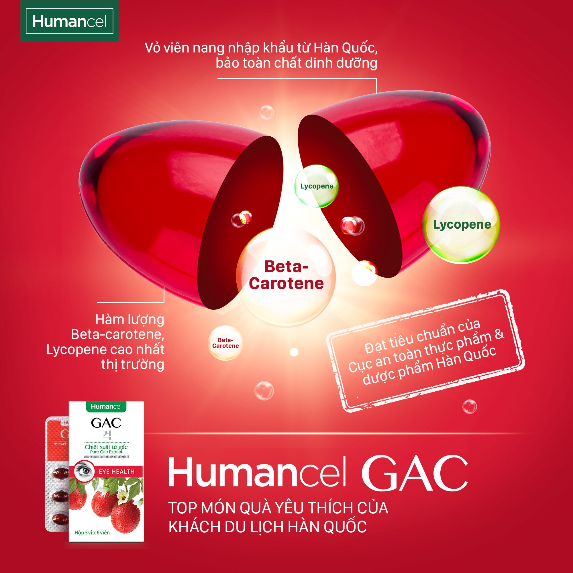 Viên nâng dầu gấc chăm sóc mắt, chống lão hóa, tăng sức đề kháng Humancel Gac - TPCN tiêu chuẩn Hàn Quốc