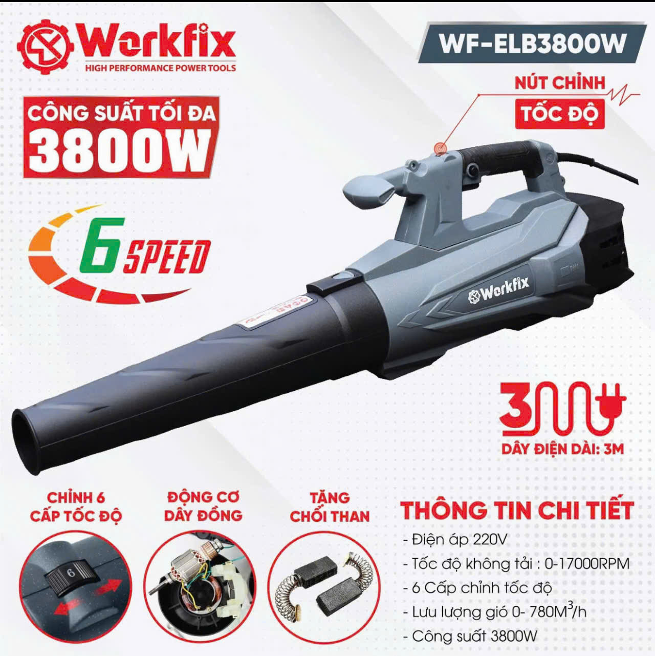 Máy Thổi Lá Điện Wokfix WF ELB3800W Công Suất Lớn 3800W 6 Cấp Chỉnh Tốc Chuẩn Đồng Bảo Hành 6 Tháng