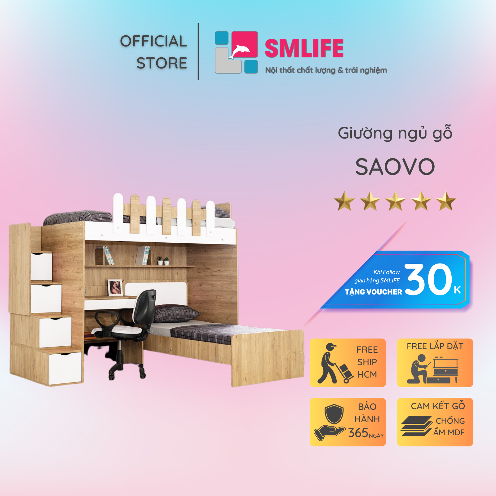 Giường tầng gỗ hiện đại cho bé SMLIFE Saovo  | Gỗ MDF dày 17mm chống ẩm | D234xR106xC190cm