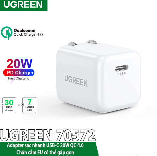 Củ sạc nhanh USB Type C 20W QC 4.0 Ugreen 70572 chân cắm US gấp gọn - Hàng chính hãng