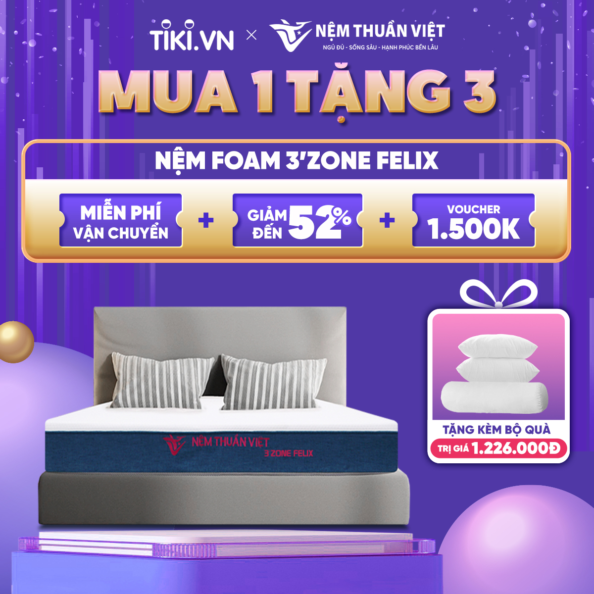 (1m8x2mx22cm) Nệm Foam Phân Vùng Thuần Việt 3'zone Felix - Miễn Phí Vận Chuyển, Bảo Hành 12 Năm, Trả Góp 0%