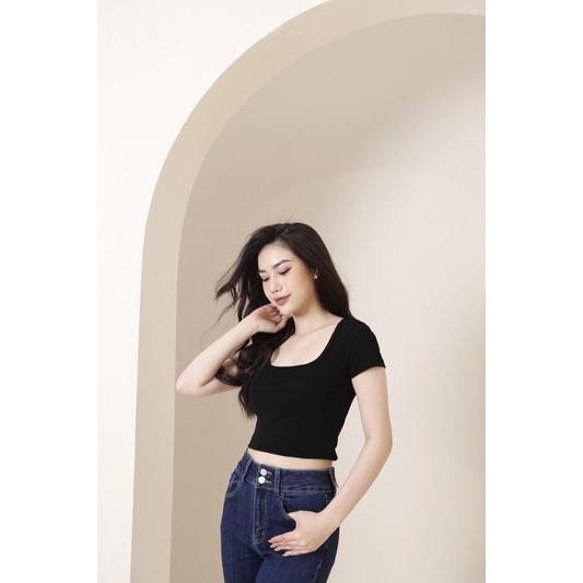 Áo Pull Croptop Cổ U, Áo T-shirt Nữ Vải Zip Co Giãn Sành Điệu CT Jeans