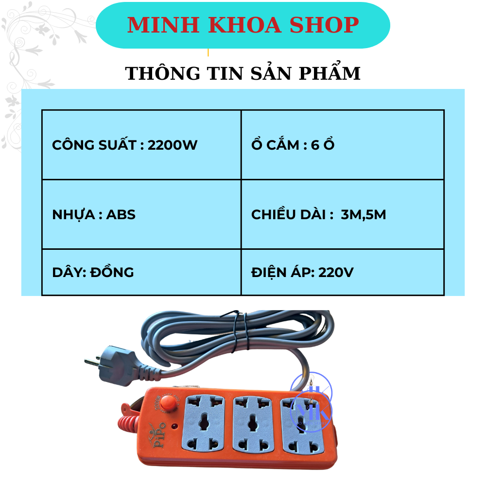 Ổ  điện dài, Ổ  điện dây dài  3m,5m công suất 2200w, 6 ổ cắm, có sứ cách điện an toàn PIPO p3-22