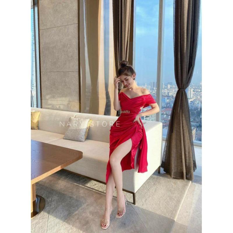 Đầm body bẹt vai xếp ly sexy