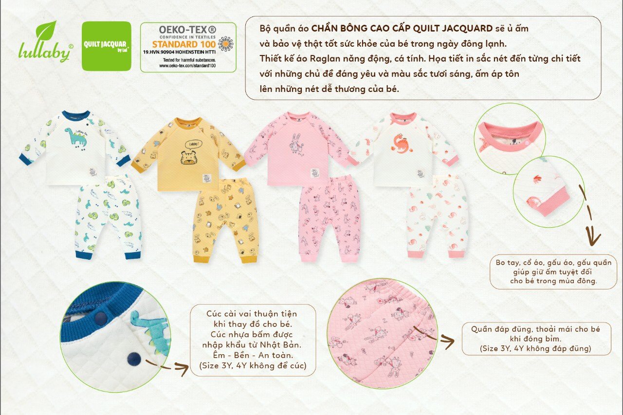 Bộ quần áo chần bông Lullaby NH712P, bộ thu đông bé trai, bé gái 0-4 tuổi cao cấp