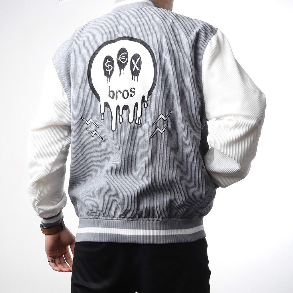 Áo Bomber Nhung Gân Thêu BROS Chất Nhung Mịn Đẹp Form rộng Unisex Nam Nữ Couple jacket Varsity Graffiti