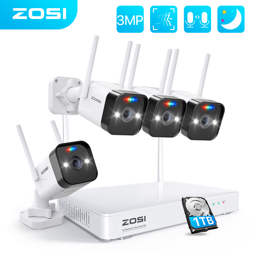 Zosi 3MP W4 Pro Hệ thống camera không dây WiFi Camera IP 8CH H.265 NVR Kit 2-Way Audio