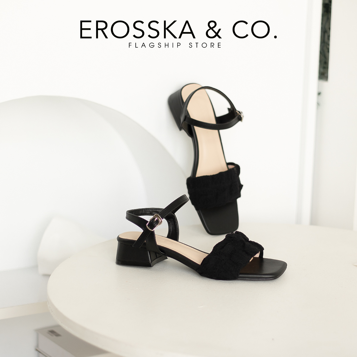 Erosska - Giày sandal cao gót nữ mũi hở quai ngang bèo nhún - EB053