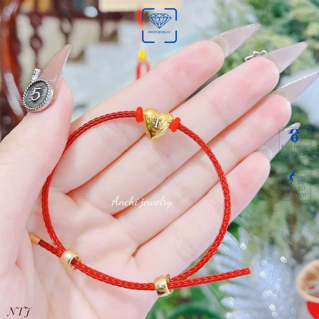 Vòng tay charm vàng dây cước 2mm đỏ( đen) mặt tim 10k khắc tên theo yêu cầu, Anchi jewelry