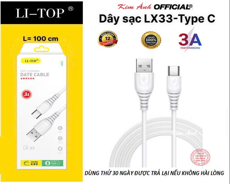 Dây sạc LI-TOP LX33 chân Type C (hộp giây), dòng điện 5V- 3A, hàng chính hãng