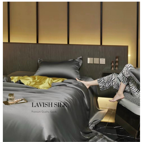 Trọn Bộ Ga Gối Lụa Kèm Chăn Sẵn Ruột + Tặng Bộ Quà Tặng Lavish Silk Cao Cấp - Xám Đậm Mix Vàng Chanh