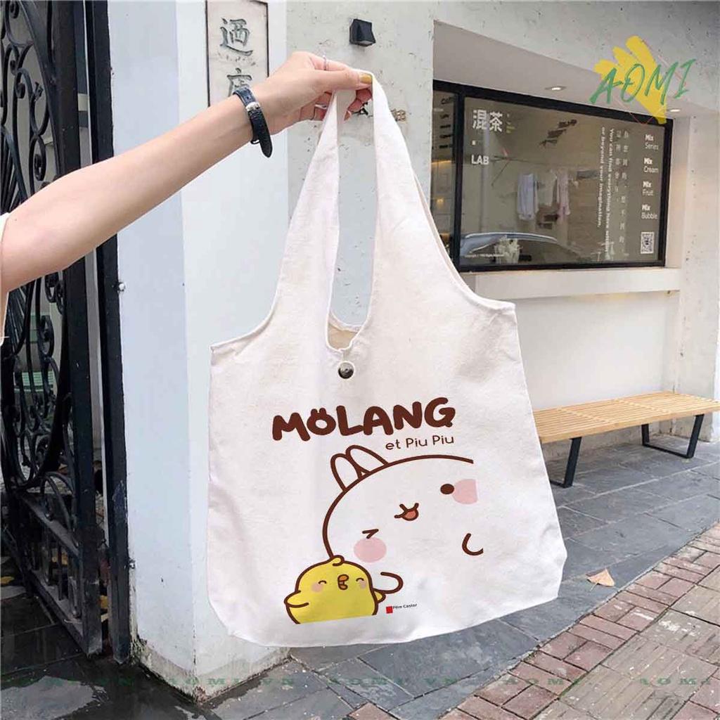 TOTE CANVAS friend molang FORM TRÒN TÚI VẢI ĐEO VAI BAG NÚT BẤM SIZE LỚN AOMIVN DU LỊCH DẠO PHỐ CÁ TÍNH