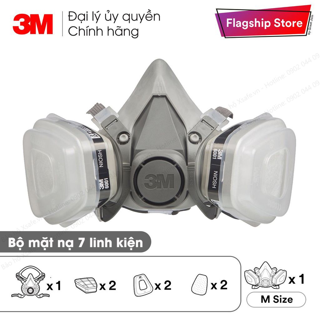 Mặt nạ phòng độc 3M 6200 kèm 7 món, 2 phin lọc hơi hữu cơ 6001 Chống bụi ,chống hóa chất, phun sơn, phun thuốc - Chính hãng
