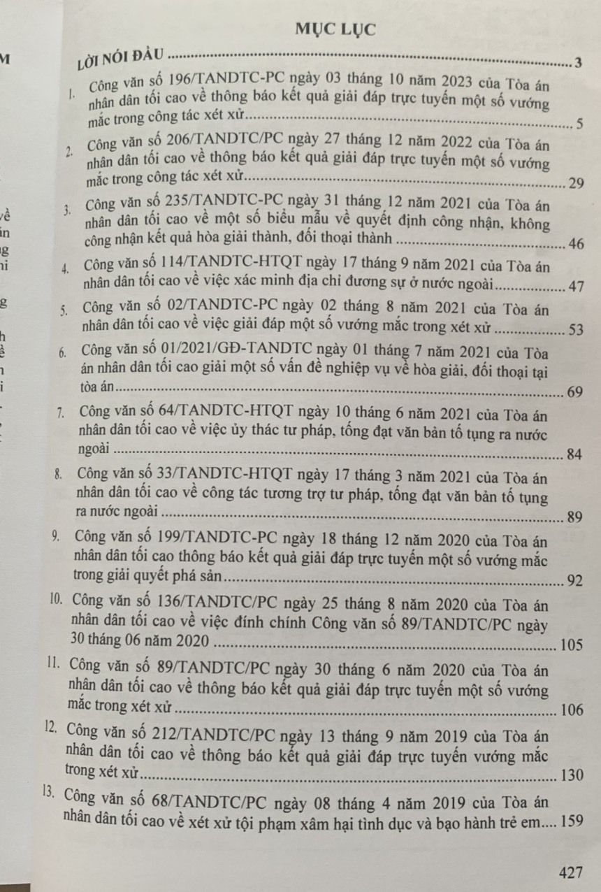 Tổng hợp công văn của Tòa án nhân dân tối cao, hướng dẫn nghiệp vụ, giải đáp vướng mắc trong lĩnh vực dân sự, tố tụng dân sự