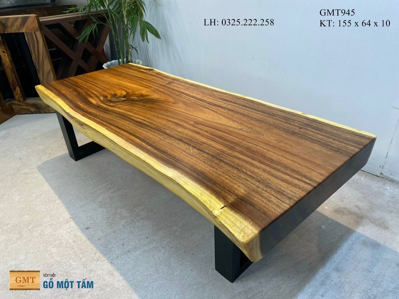 Bàn Gỗ Me Tây Nguyên Tấm, Bàn Phòng Khách Gỗ Me Tây, Bàn Cafe Gỗ Me Tây Dài 1,55m Rộng 64cm Dày 10cm