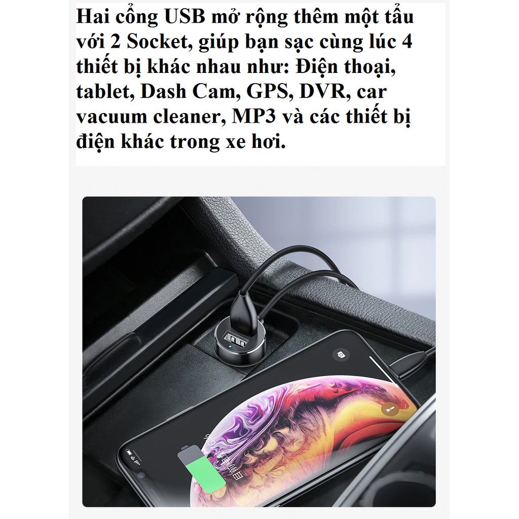 Thiết bị chia tẩu ô tô thành 2 tẩu và 2 cổng sạc điện thoại USB Baseus  Dual USB Car Charger Multi-split charger _ Hàng chính hãng