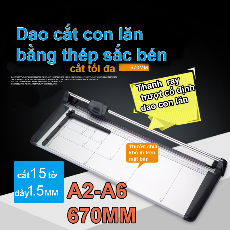 Bàn cắt giấy Khổ A2, cắt chiều rộng lên đến 670mm, thân máy bằng hợp kim nhôm, lươi dao cắt dạng con lăn trượt, cắt 15 tờ giấy một lần.