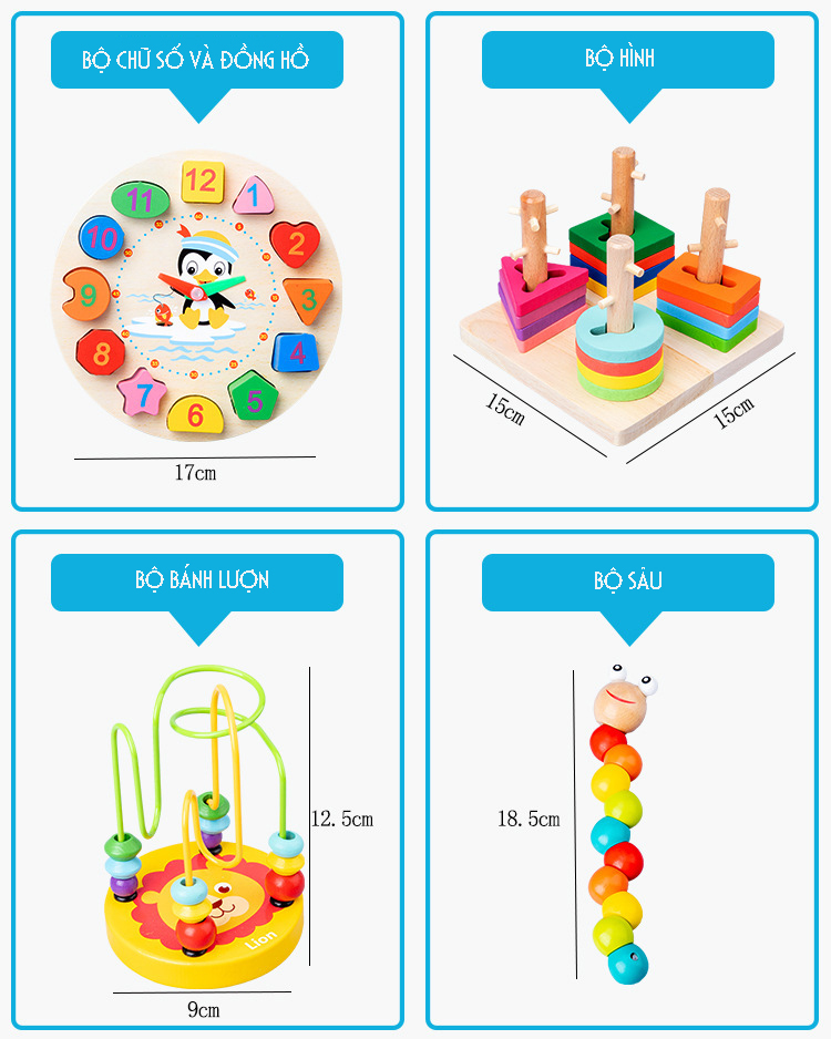 Combo 7 món đồ chơi giáo dục bằng gỗ sơn màu sinh động cho bé phát triển trí tuệ từ sớm - W2011
