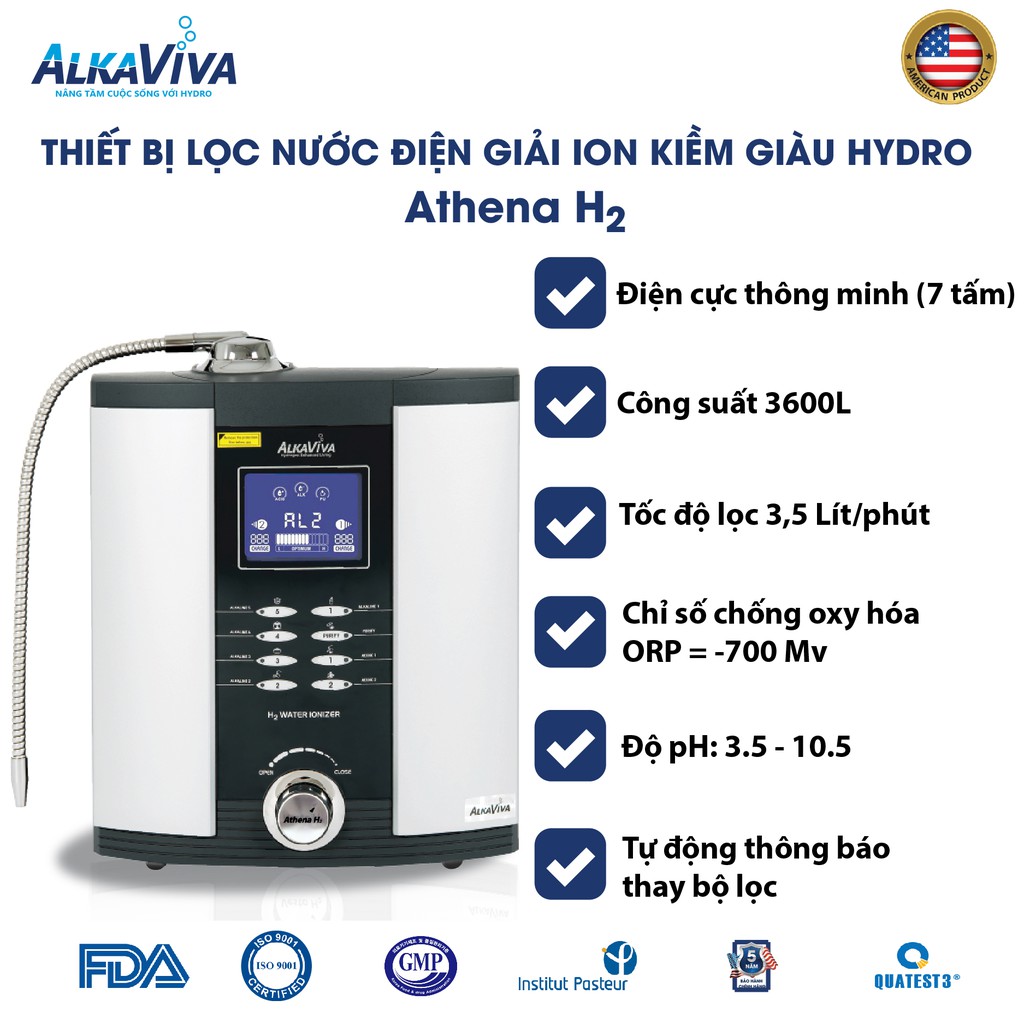 Máy lọc nước điện giải ion kiềm giàu Hydro Alkaviva Athena H2 - Thương Hiệu Mỹ - Hàng Chính Hãng