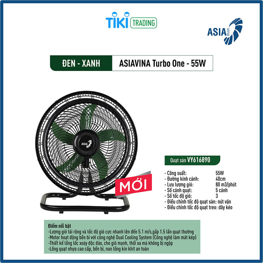 Quạt sàn ASIAvina Turbo One VY616890 - Đen Cánh Xanh (55W) - Hàng chính hãng