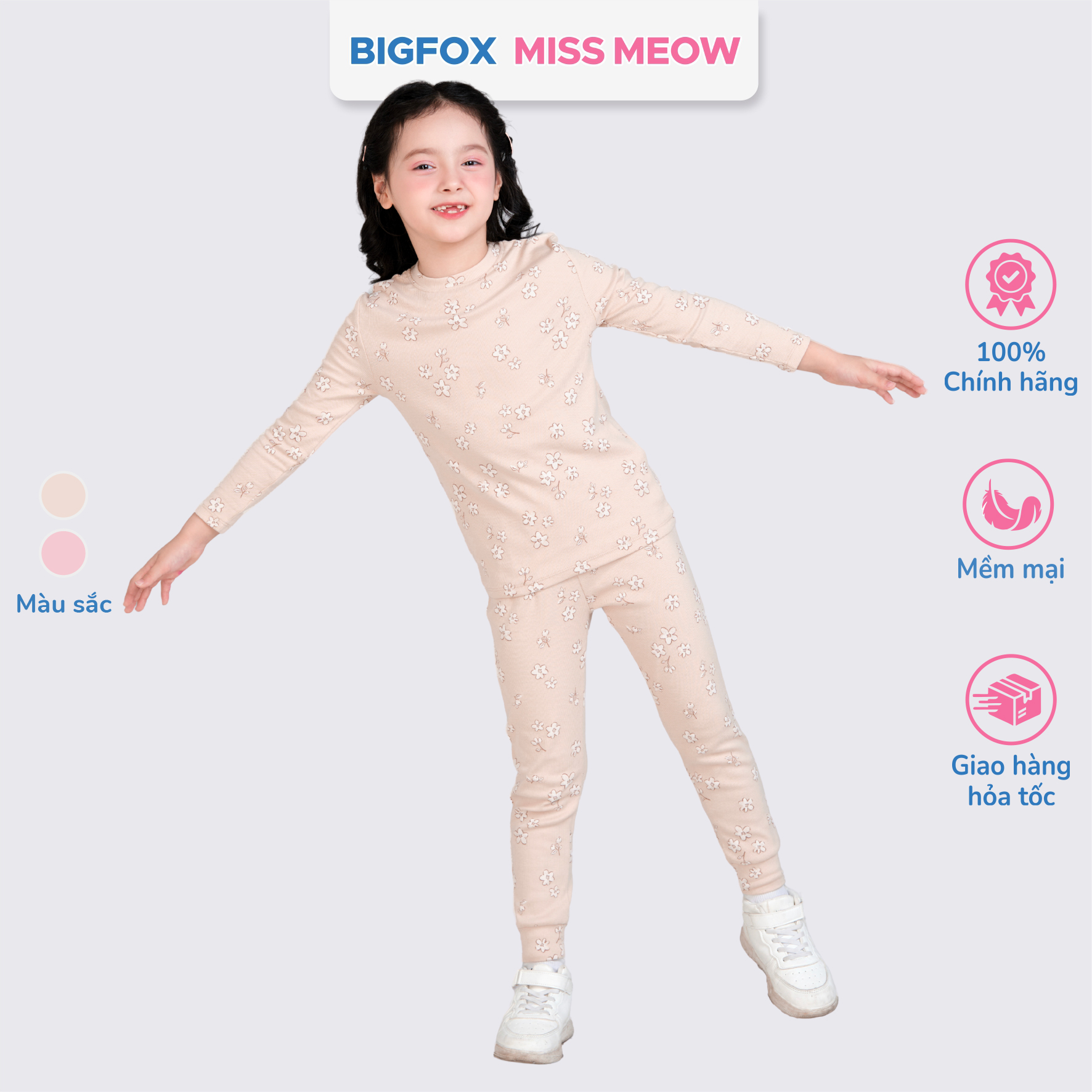 Bộ dài tay cho bé gái Bigfox Miss Meow vải bozip mặc nhà mùa thu đông size đại trẻ em 3-11 tuổi 35kg