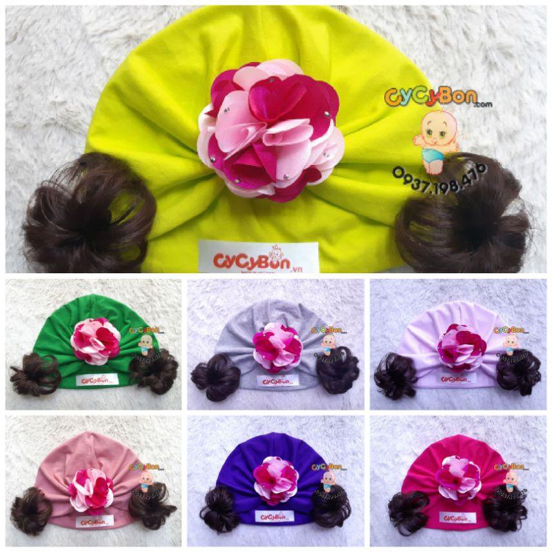 Mũ Nón Turban Chất Thun Cotton Bao Co Giãn Đính Bông 2 Màu Kèm Tóc Giảb  Cho Bé Gái - Size Cho BéTừ Sơ Sinh