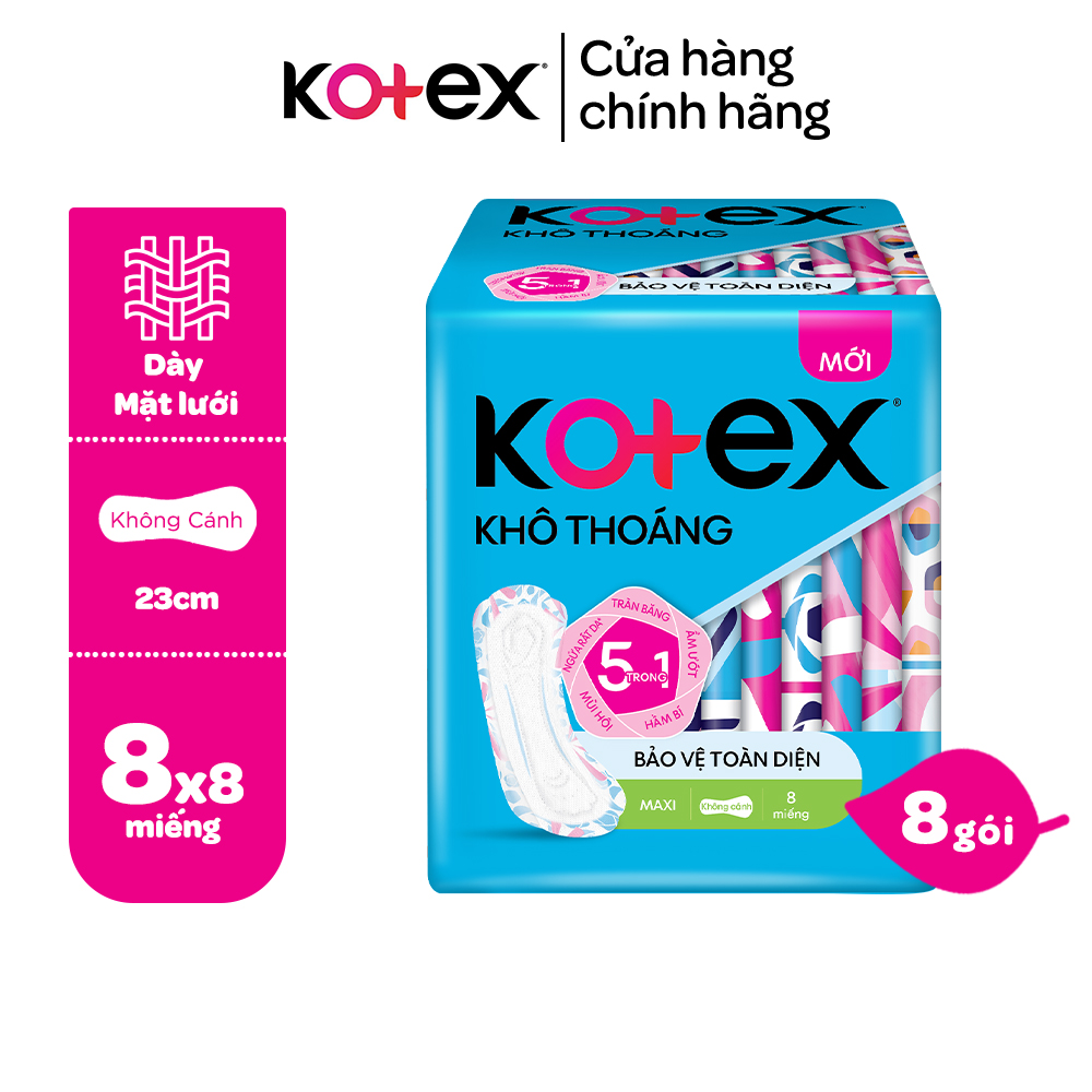 Combo 8 gói băng vệ sinh Kotex khô thoáng dày không cánh/cánh 8 miếng