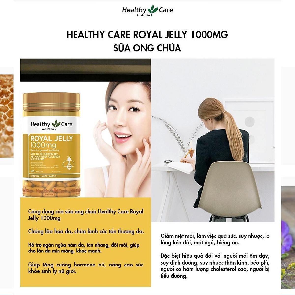 Sữa ong chúa Úc Healthy Care Royal Jelly 1000mg làm chậm quá trình lão hóa, tăng sức đề kháng, tăng sức khỏe tổng thể - Massel Official