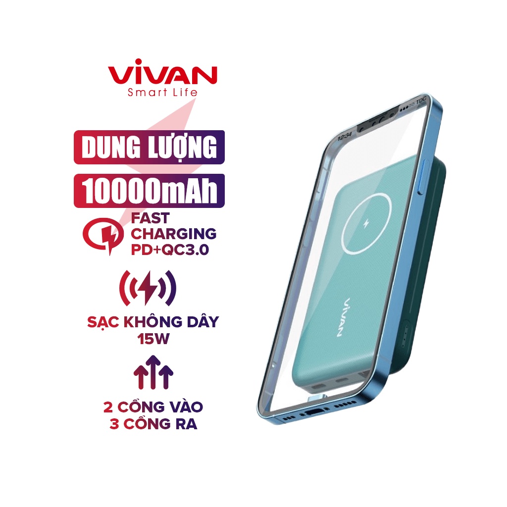 Pin Dự Phòng Không Dây Từ Tính 10000 mAh VIVAN VPB-W12 Sạc Nhanh Q.C 3.0 PD 2 Cổng Sạc Ra TypeC &amp; USB - Hàng Chính hãng