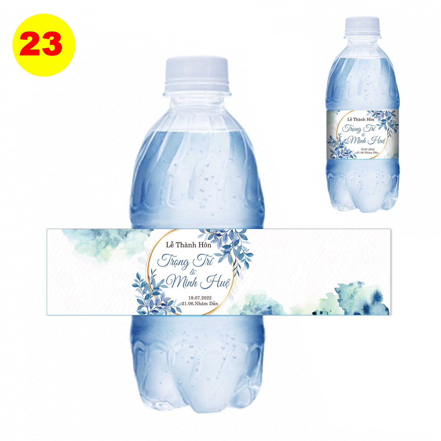 Decal nhãn dán chai nước đám cưới - chai tròn MS 23
