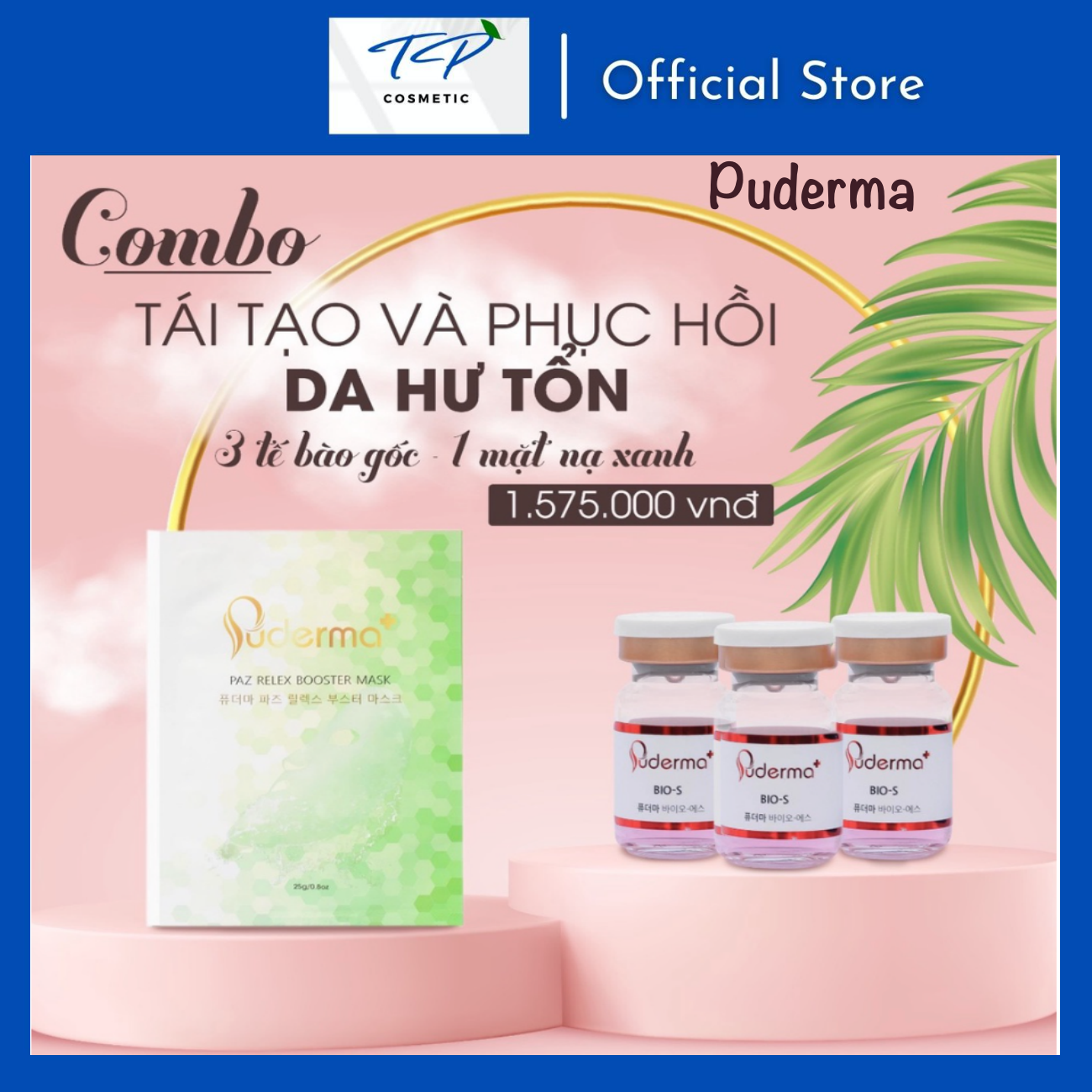 Combo tái tạo và phục hồi da hư tổn:1 hộp mặt nạ xanh Puderma Paz Relex Booster Mask và 3 tế bào gốc đỏ BIO-S