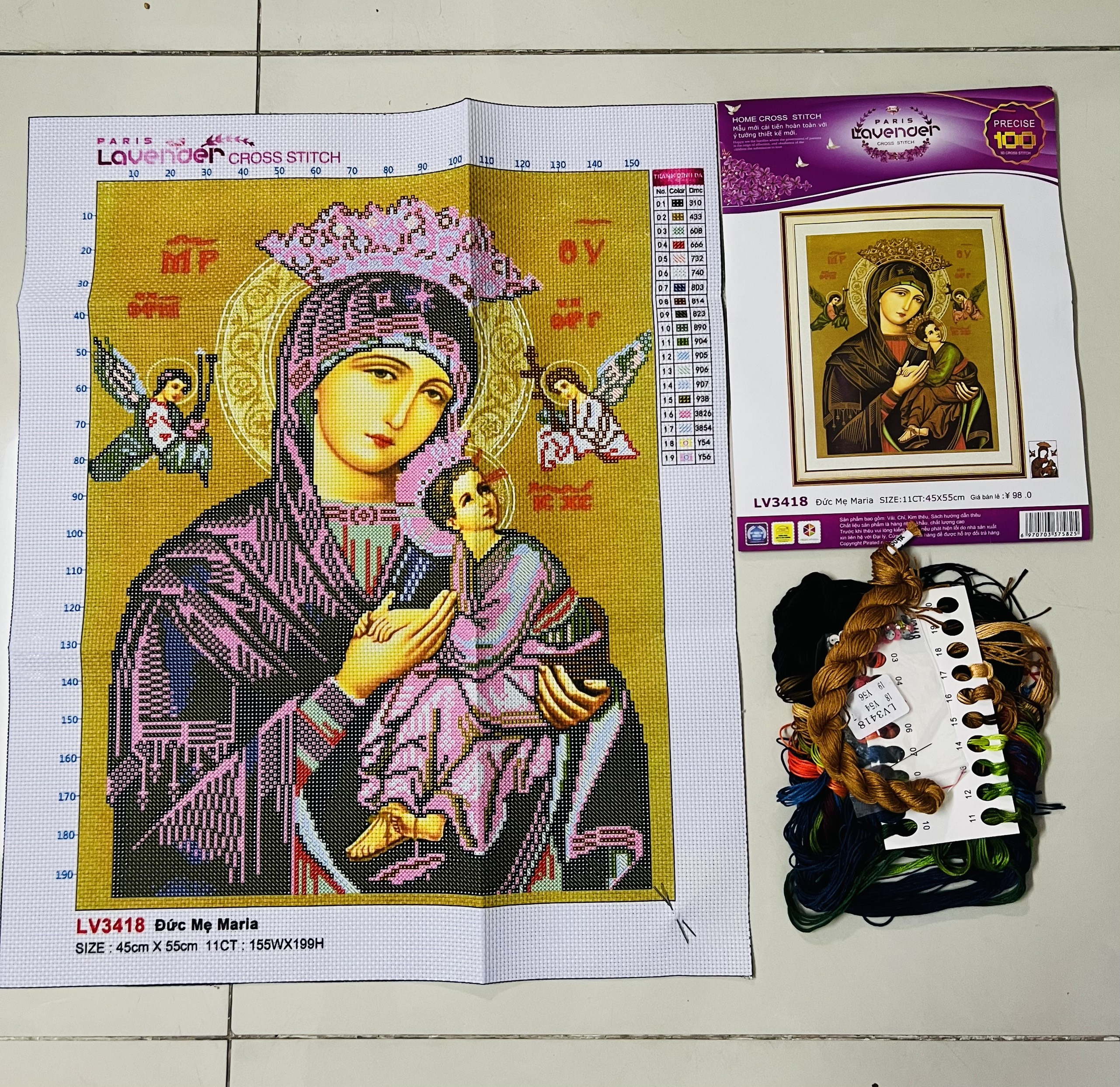 Tranh thêu chữ thập Đức mẹ Maria LV3418, kích thước 45 x 55 cm