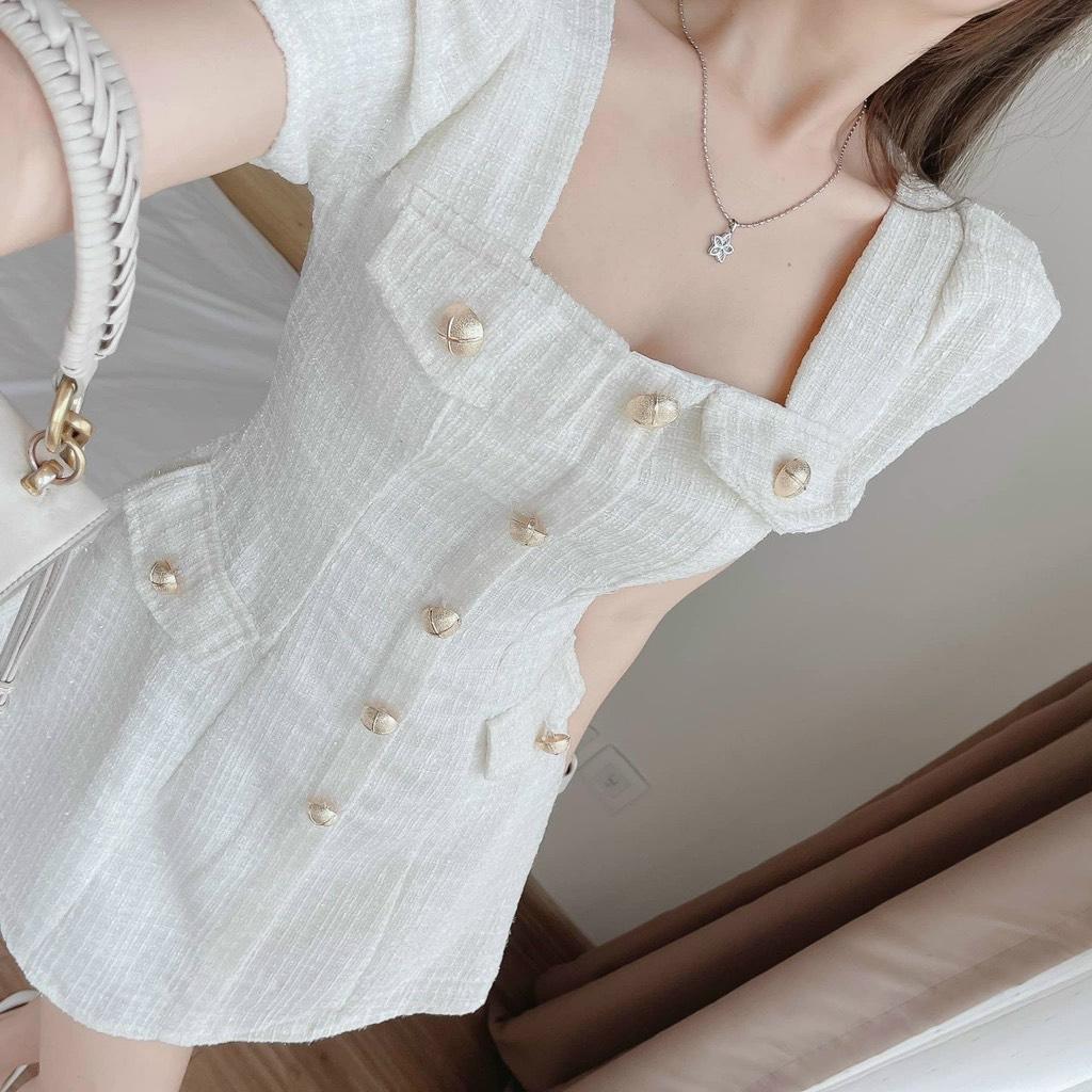 ĐẦM XÒE BỐ CỔ VUÔNG PHỐI NÚT 14382