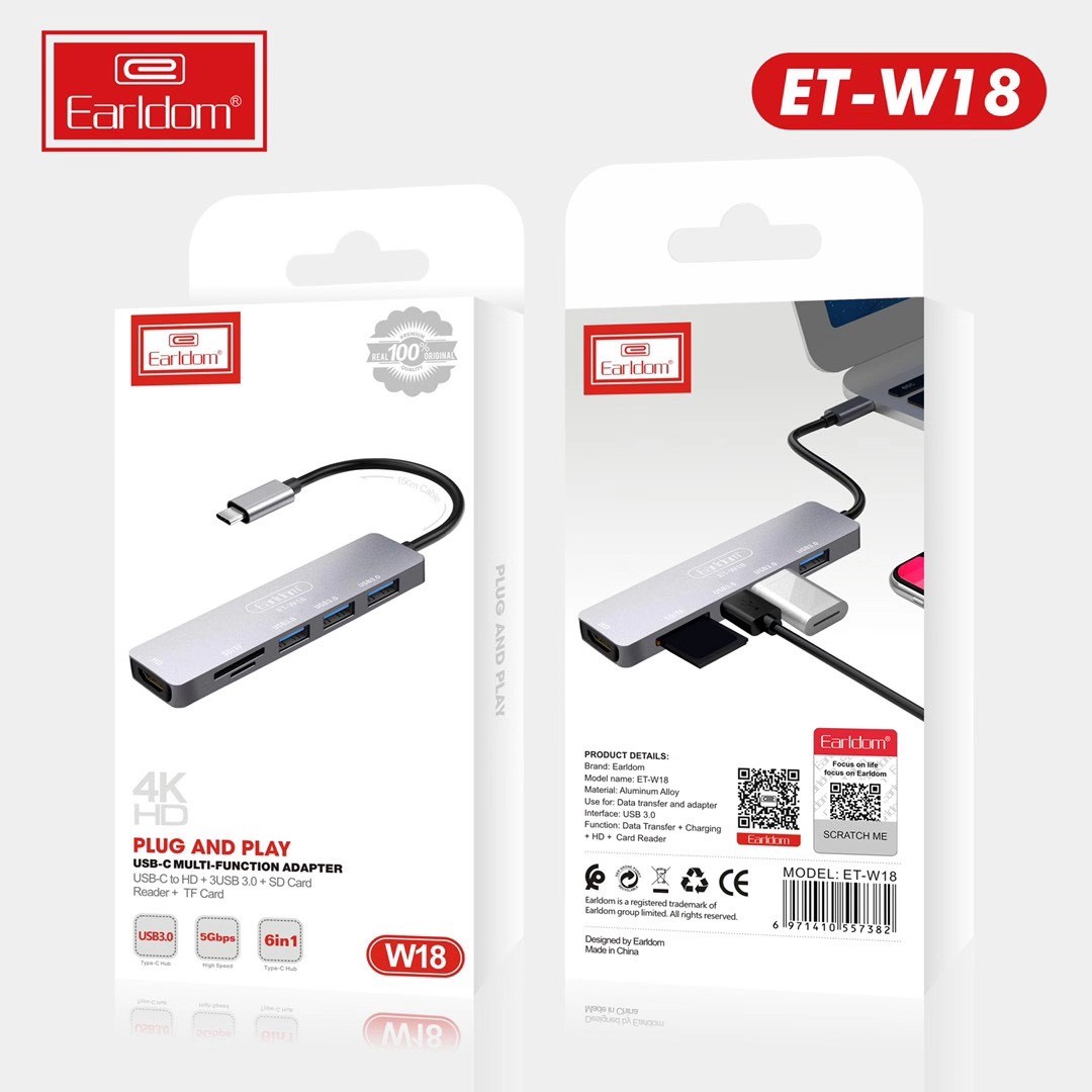 Thiết bị Earldom W18 hỗ trợ chuyển đổi từ cổng USB TypeC 6 in 1(USB TypeC 6 to HDMI + 3 USB 3.0 + SD Card Reader + TF Card Earldom W18) - hàng chính hãng