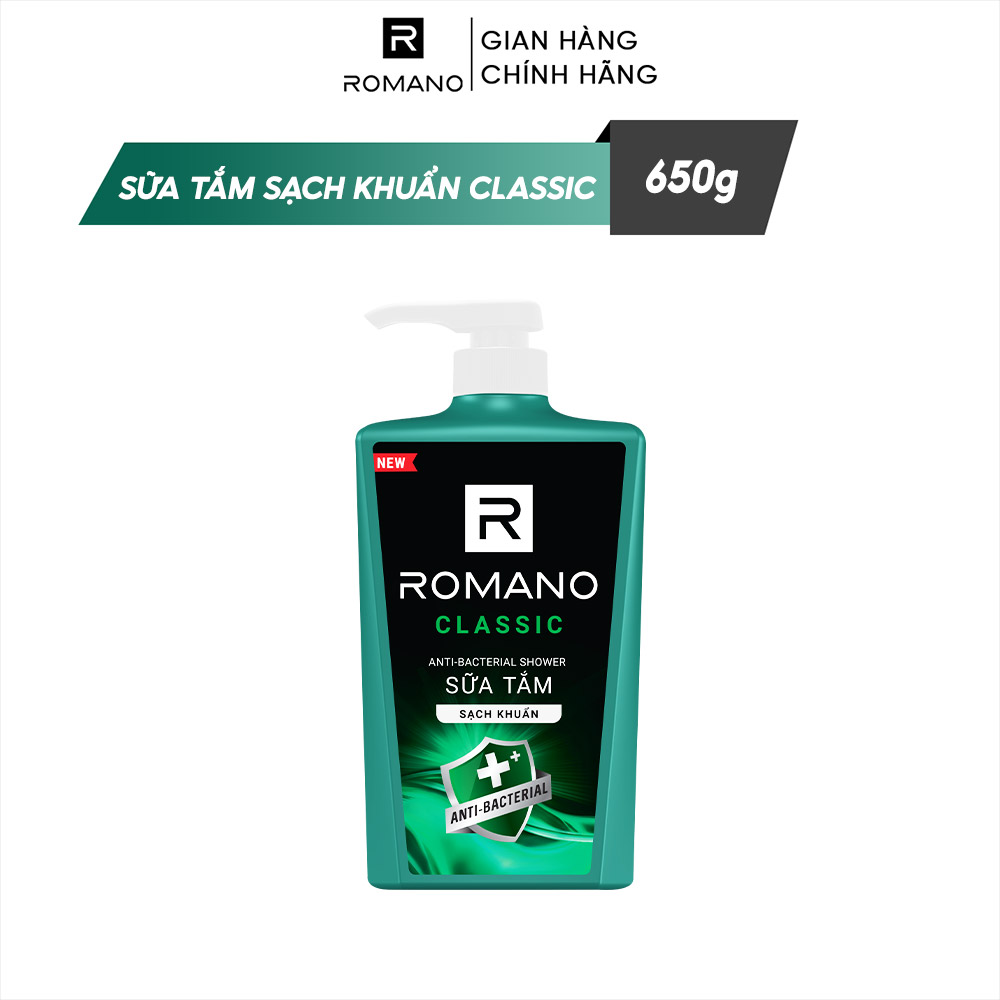 Combo Dầu gội sạch gàu và sữa tắm sạch khuẩn Romano Classic 650g/chai