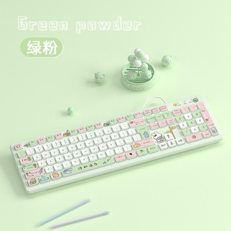 Phong cách mới nhất của máy tính xách tay bàn phím không dây ban đầu phim hoạt hình dễ thương sáng tạo cô gái văn phòng tắt tiếng máy tính có dây bên ngoài thơ và xa